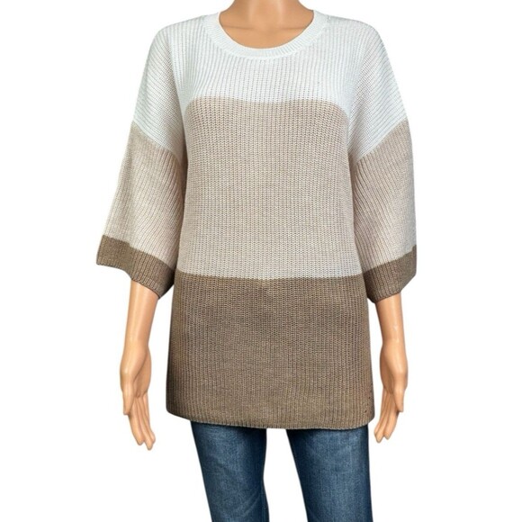 Matty M Womens Sweater XXL Knitted Taupe & White Elbow Sleeves Pullover Brown - Picture 2 of 10